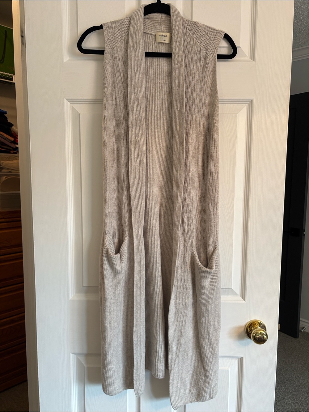 WILFRED Women’s Merino Wool Sleeveless Long Open-Front Knit Vest in Beige